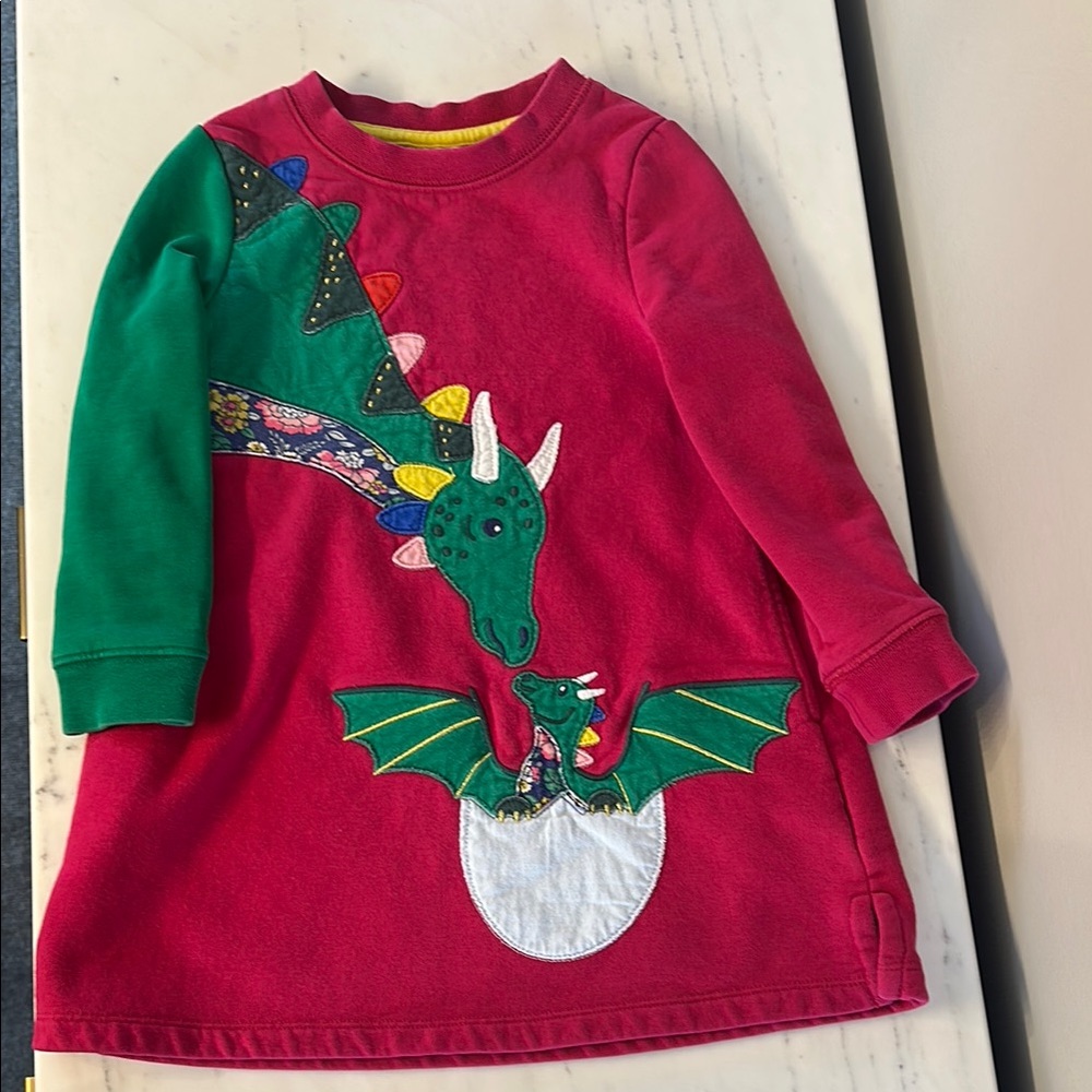 Mini Boden 3T-4T Pink and Green Dragon Appliqué Dress